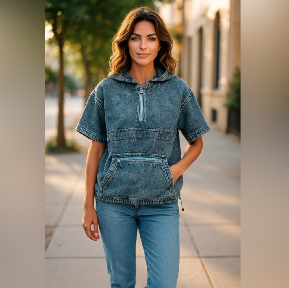 BIBI NEW Denim 1/4 Zip Pullover Hooded Short Sleeve Top Medium Wash NWOT